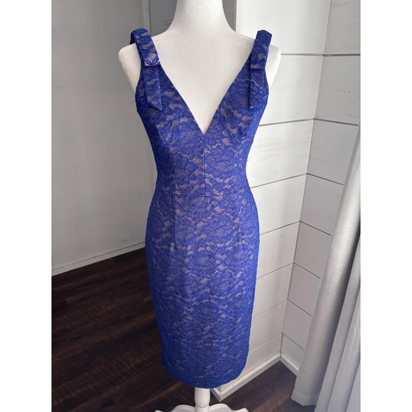 Dress the Population Dresses & Skirts - Dress The Population Dress Womens Small Blue Lace V Neck Sleeveless Fitted Party